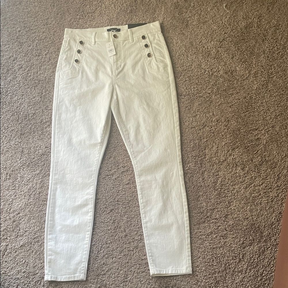 Ann Taylor High Rise Cream Jeans with Button Accents
